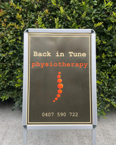 The Back In Tune Physiotherapy sign outside the Kingscliff home clinic